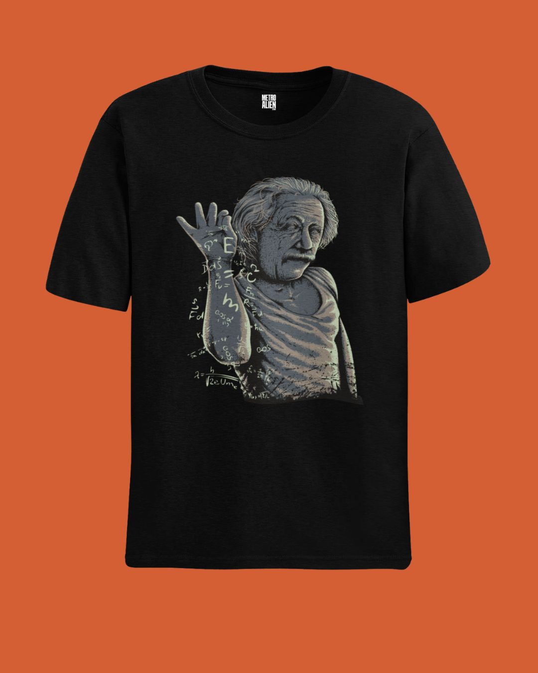 Black Einstein graphic t-shirt with artistic Albert Einstein illustration and scientific formulas