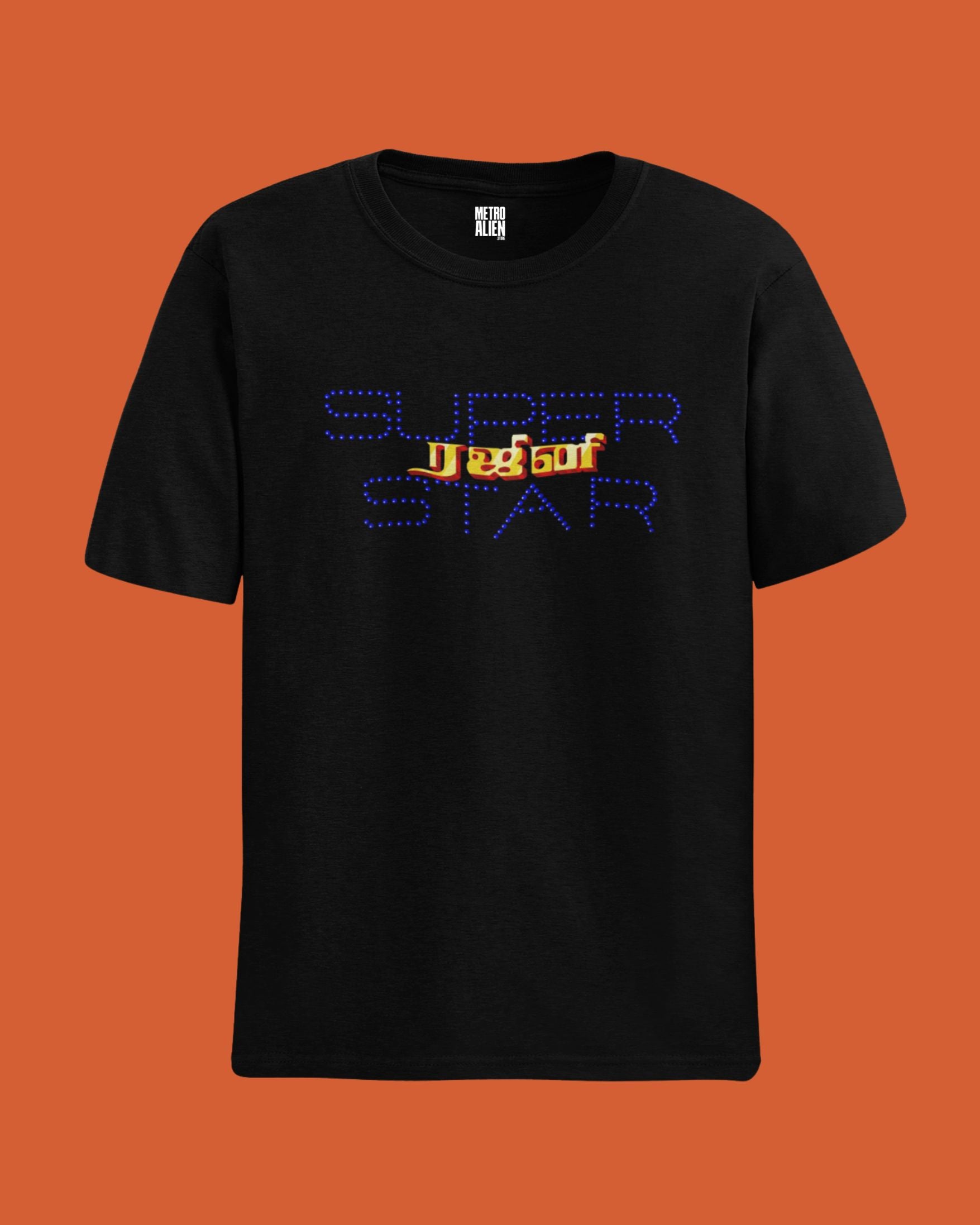 METRO ALIEN black crew neck tee with blue dotted SUPER STAR graphic and orange accent Rajinikanth streetwear tee India