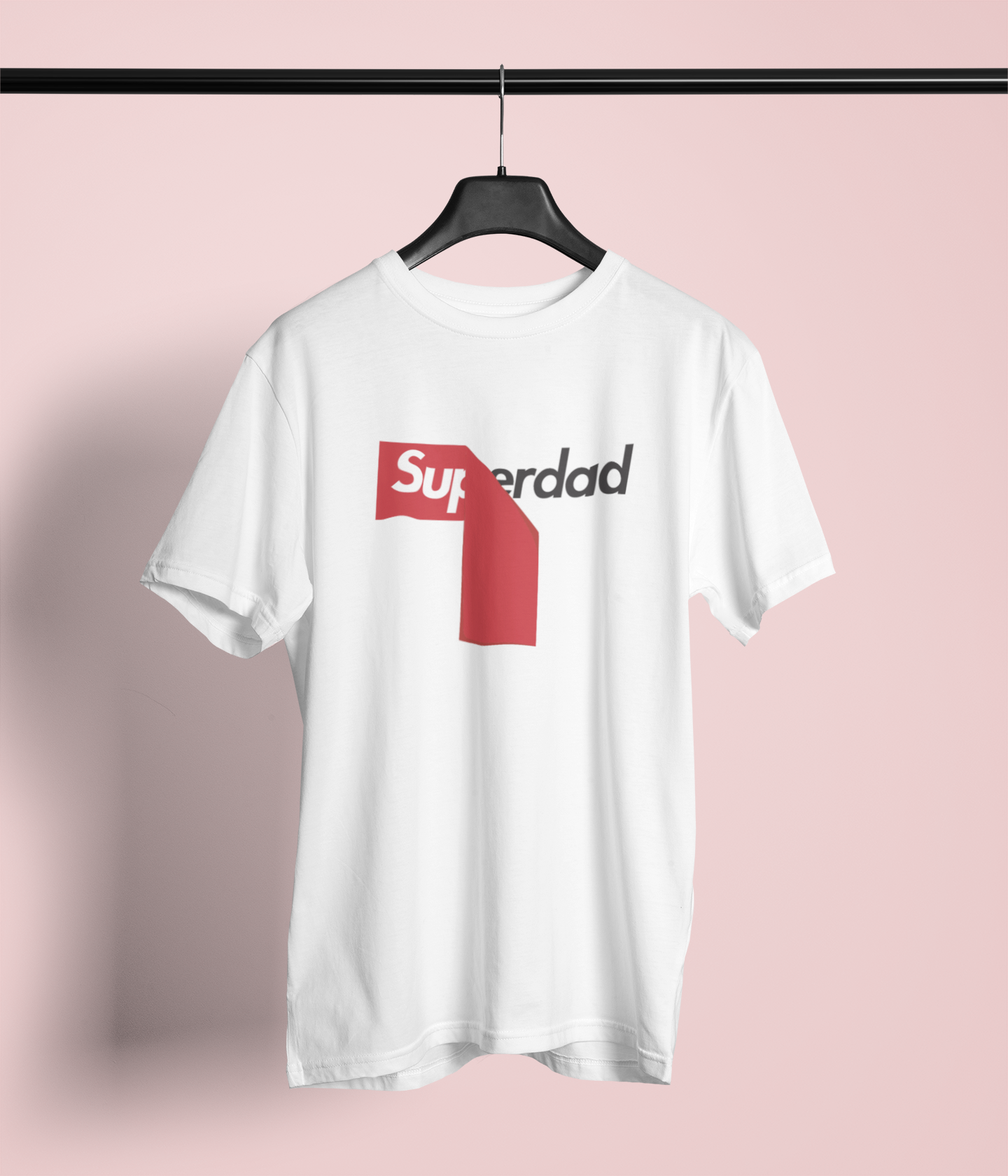 White METRO ALIEN Superdad graphic t-shirt with red and black text hanging on black hanger