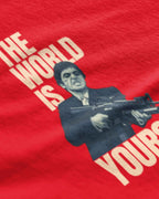 The World Is Yours Scarface Graphic Tee Closeup - Metro Alien | Red Film Fan Tee India