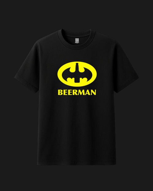 Classic fit cotton t-shirt with yellow bat shaped BEERMAN emblem graphic print by Metro Alien