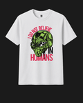 Classic fit cotton t-shirt with green alien face and I Do Not Believe in Humans slogan print by Metro Alien