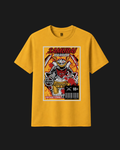Mustard yellow classic fit t-shirt with comic style samurai warrior graphic print by Metro Alien