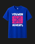 Royal blue classic fit t-shirt with pink tic tac toe hearts and You Won My Heart slogan print by Metro Alien