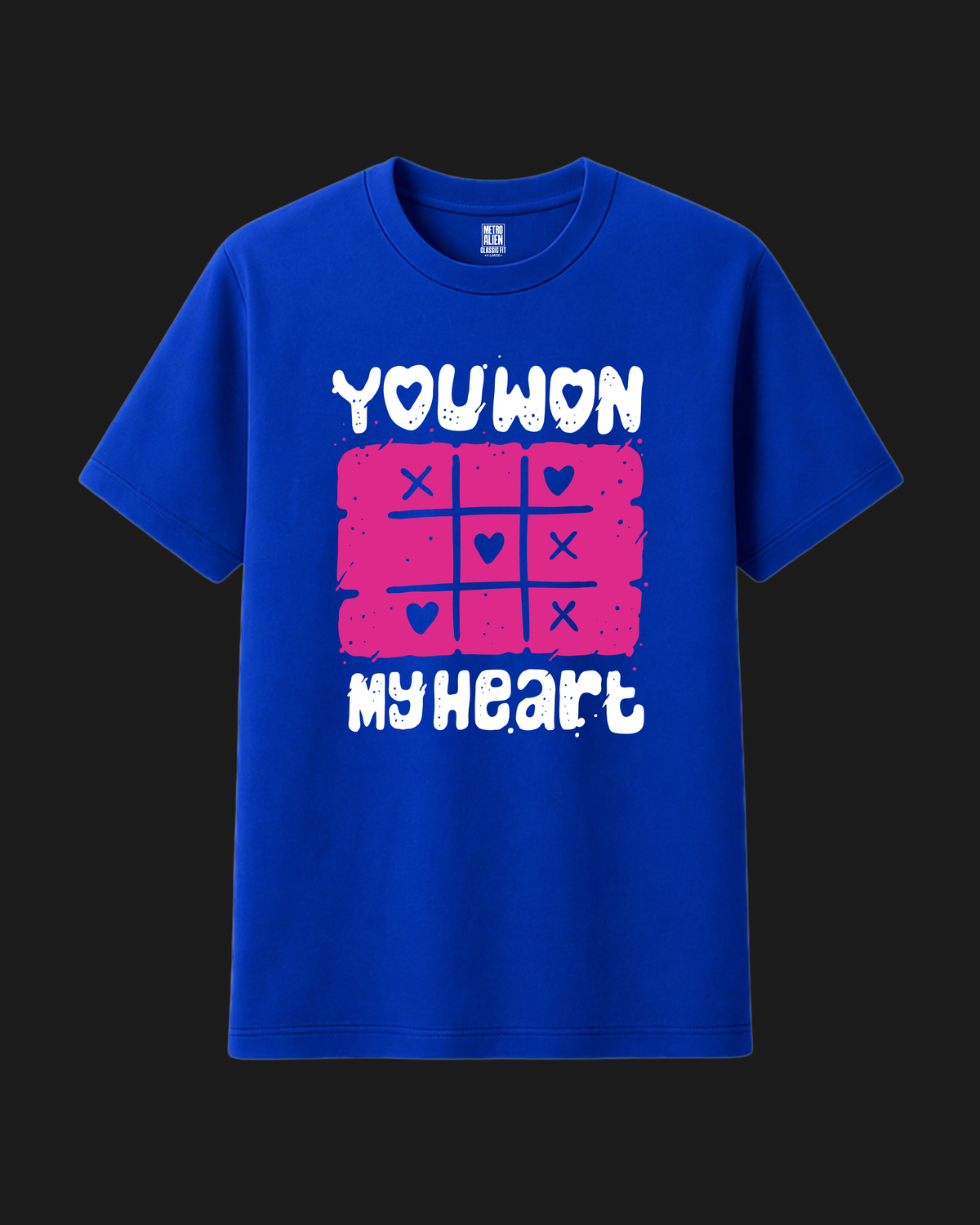 Royal blue classic fit t-shirt with pink tic tac toe hearts and You Won My Heart slogan print by Metro Alien