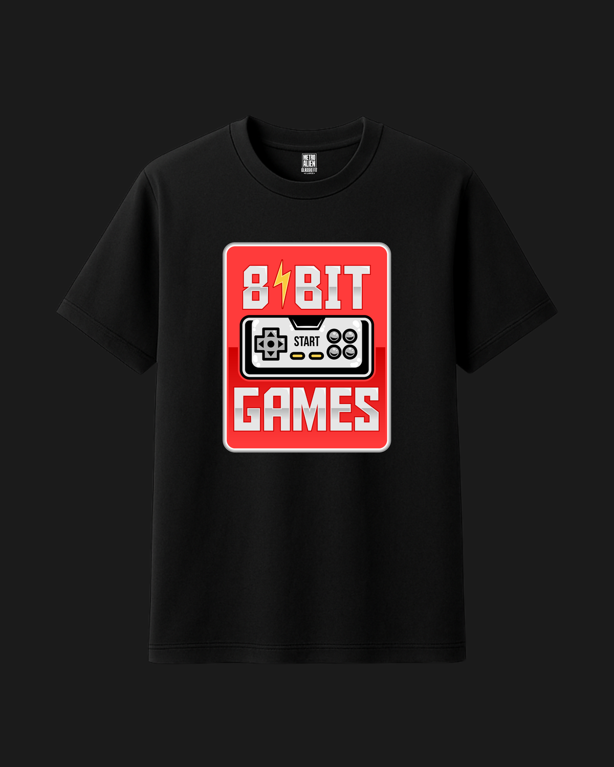Black classic fit t-shirt with retro 8-bit video game controller graphic print by Metro Alien
