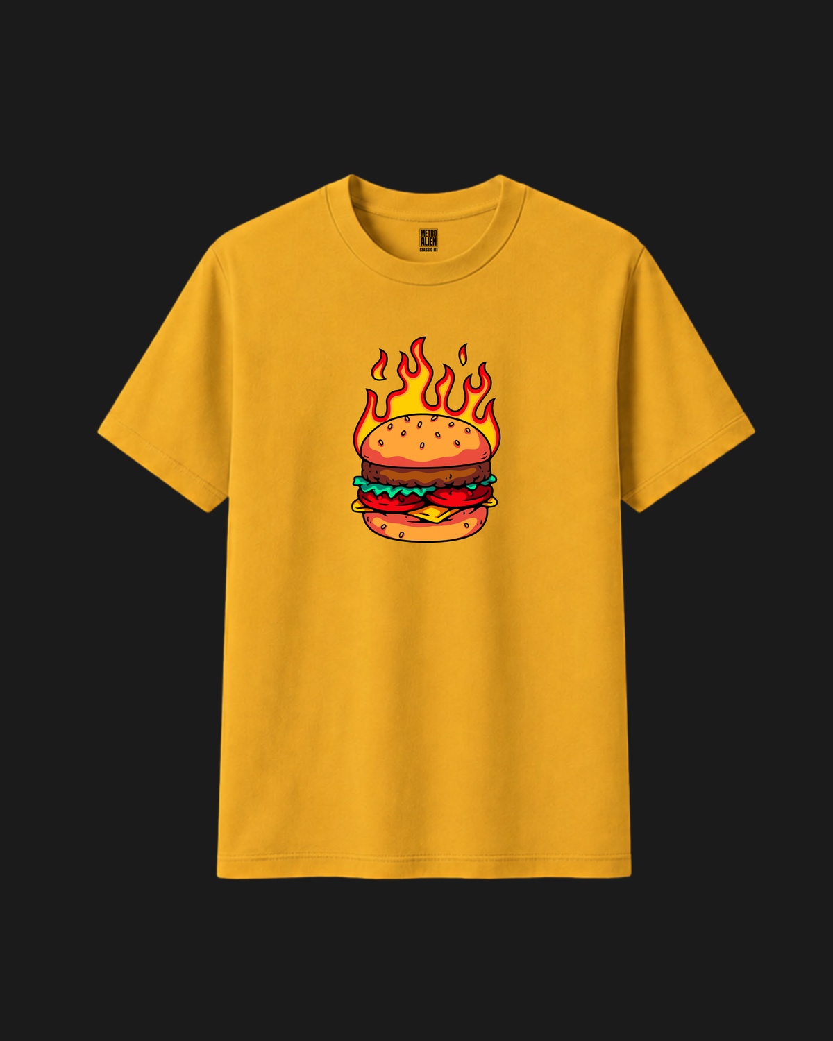 Mustard yellow classic fit t-shirt with cartoon flaming burger graphic print by Metro Alien