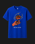 Royal blue classic fit t-shirt with hand holding a rose and yellow flames graphic print by Metro Alien