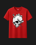 Red classic fit cotton t-shirt with black and white dark skull graphic print by Metro Alien