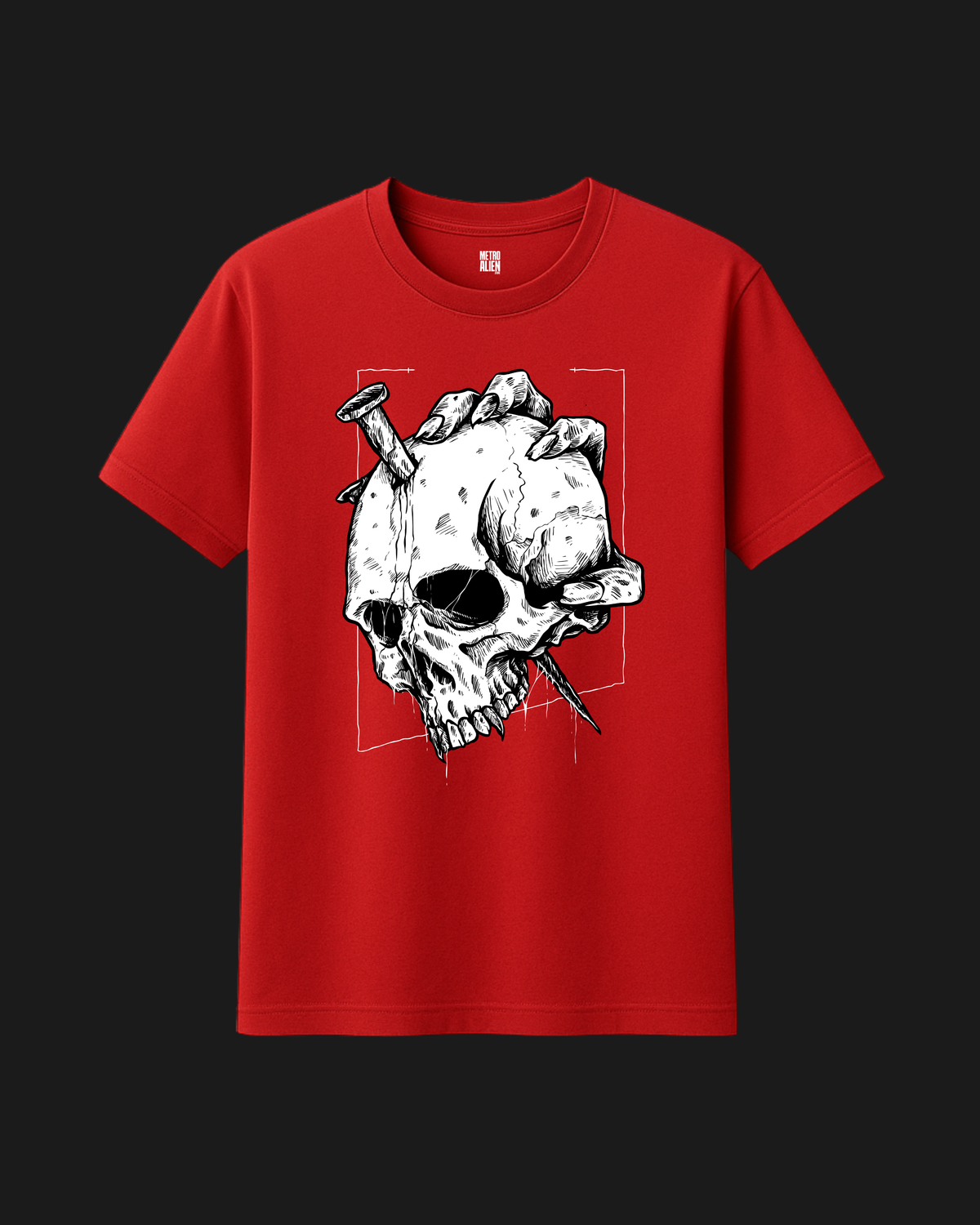 Red classic fit cotton t-shirt with black and white dark skull graphic print by Metro Alien