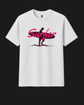 White classic fit t-shirt with burgundy surfer silhouette and pink Surfer lettering by Metro Alien