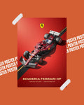 Red Ferrari racing car on a red background with Scuderia Ferrari logo poster