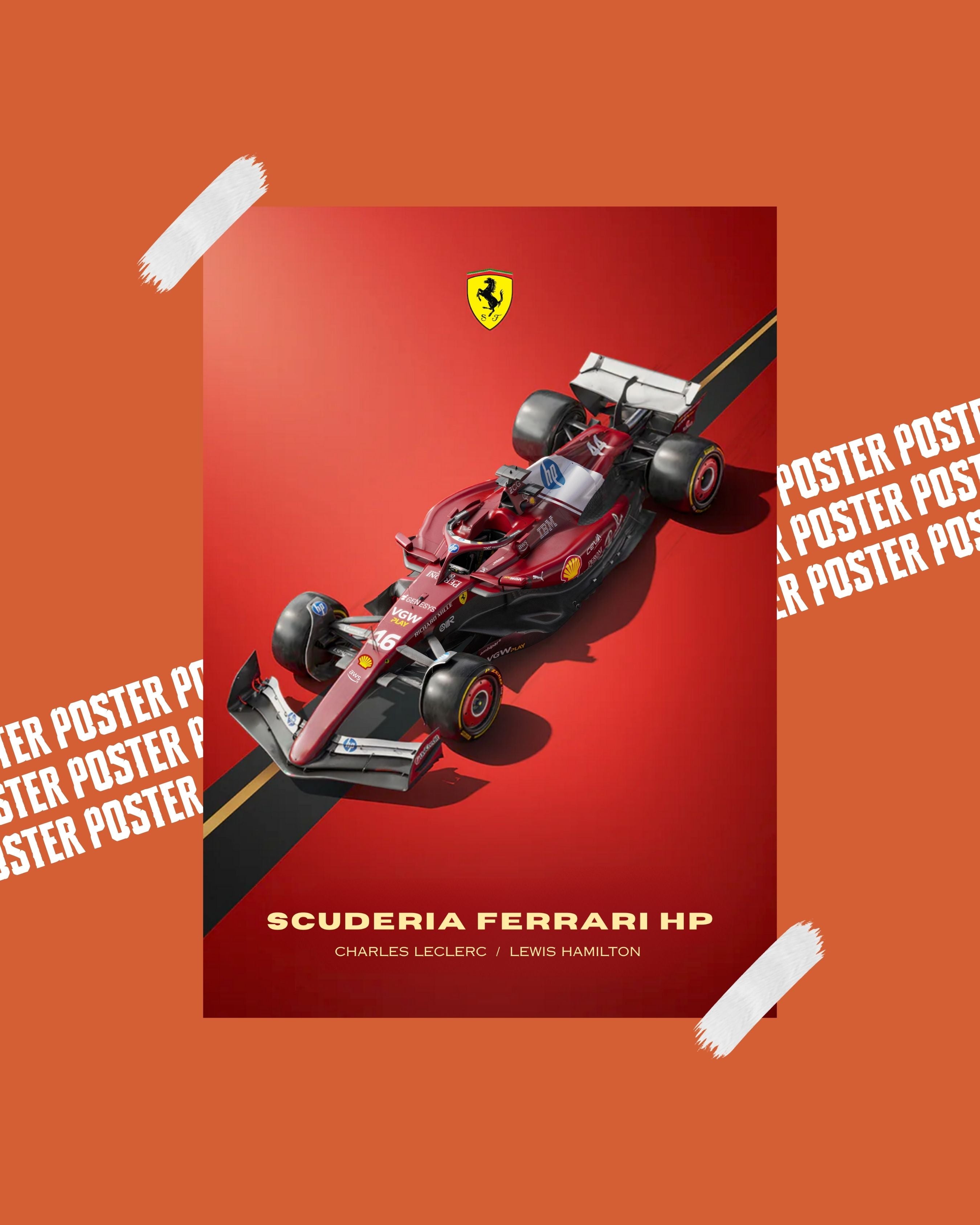 Red Ferrari racing car on a red background with Scuderia Ferrari logo poster