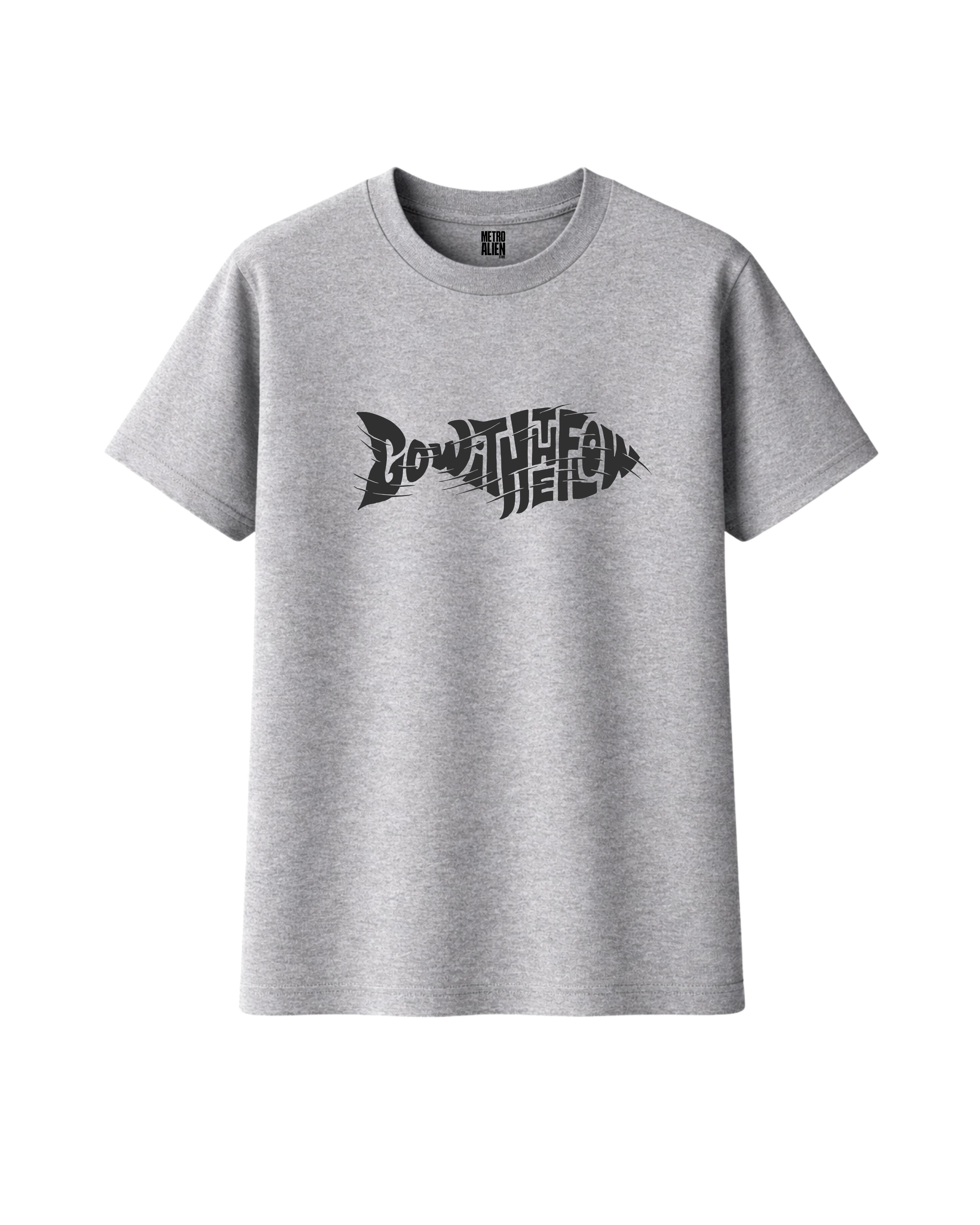 Grey graphic T-shirt, Go With The Flow T-shirt, Metro Alien T-shirt, regular fit T-shirt, round neck T-shirt, casual printed T-shirt, streetwear T-shirt, men’s graphic tee, everyday wear T-shirt, grey typography T-shirt.