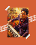 Artistic depiction of a musician playing an instrument with 'Harris Jayaraj' text on an orange background. poster 
