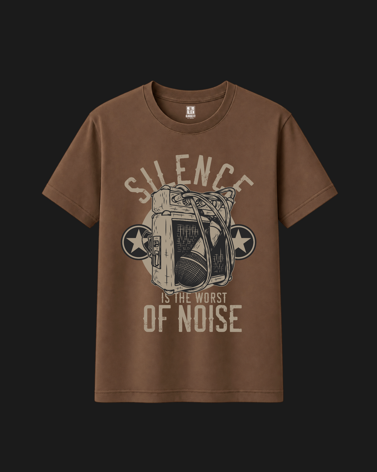 Coffee brown T-shirt with a vintage microphone, speakers and Silence Is the Worst of Noise lettering