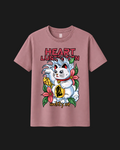 Dusky pink T-shirt with a white lucky cat, gold coin, flowers and Heart Blossom lettering