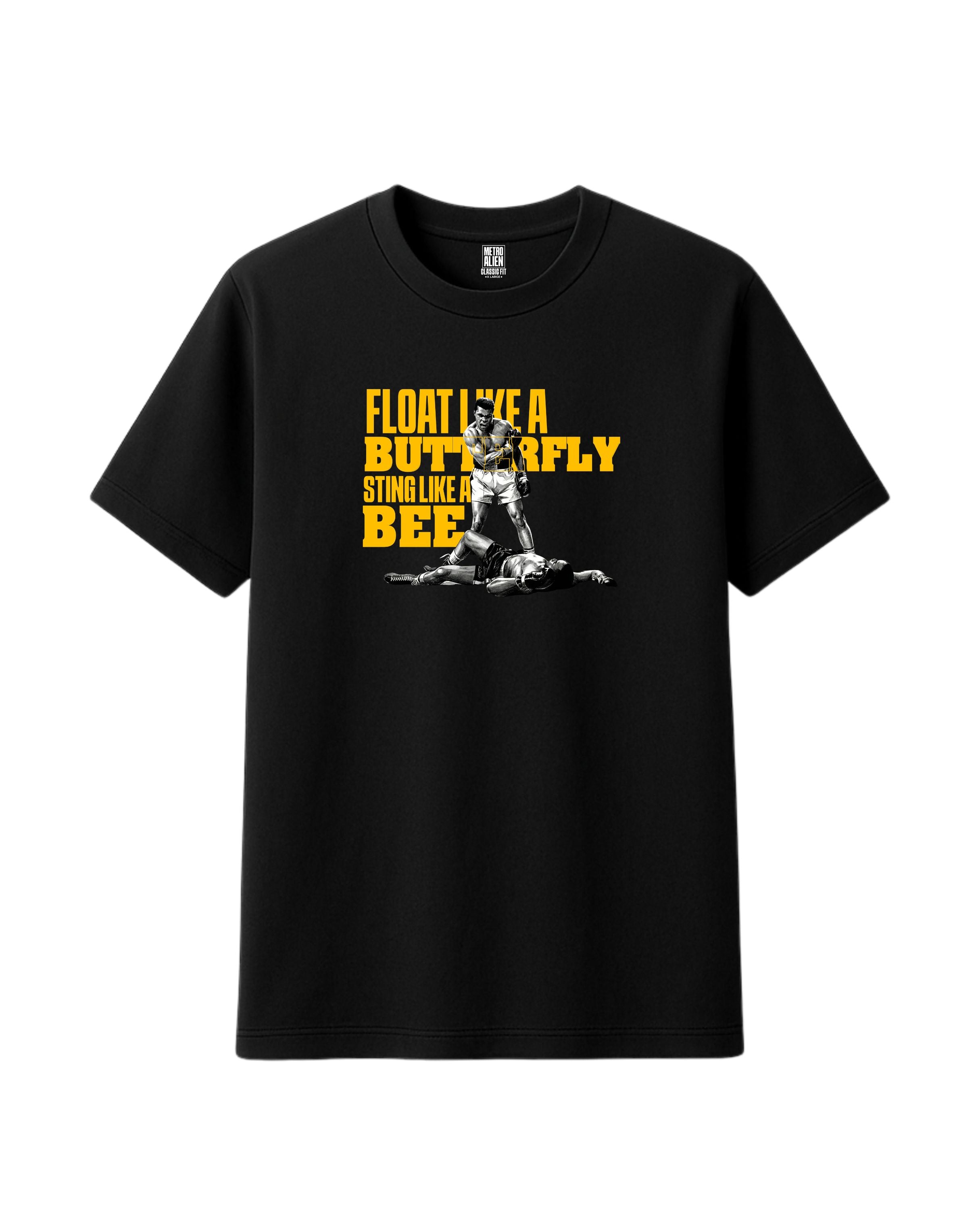 Muhammed Ali Float like a butterfly Black t-shirt with yellow and white graphic and text on a white background