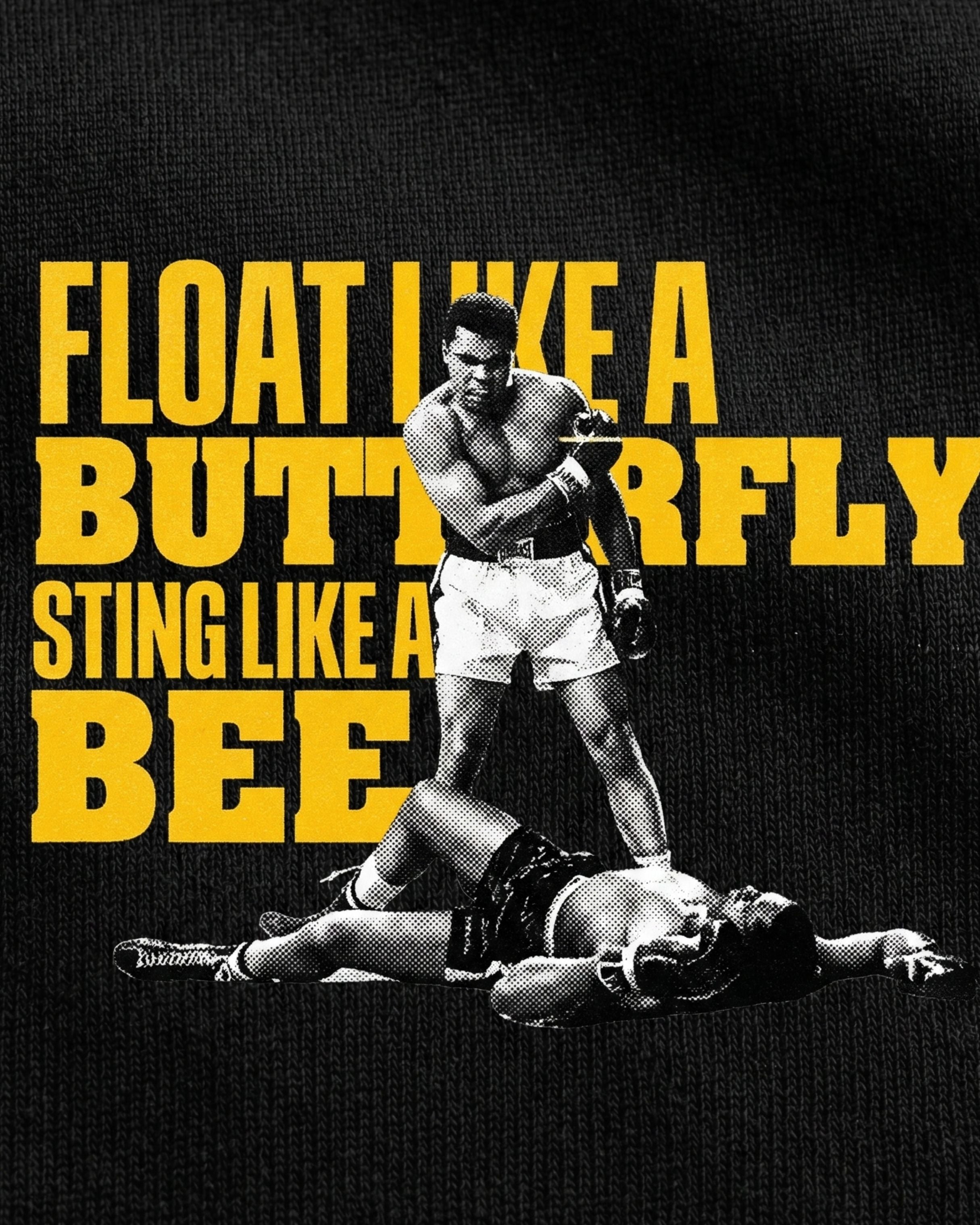 Boxer Muhammad Ali standing over a fallen opponent with 'Float Like a Butterfly, Sting Like a Bee' text. best graphic tshirt