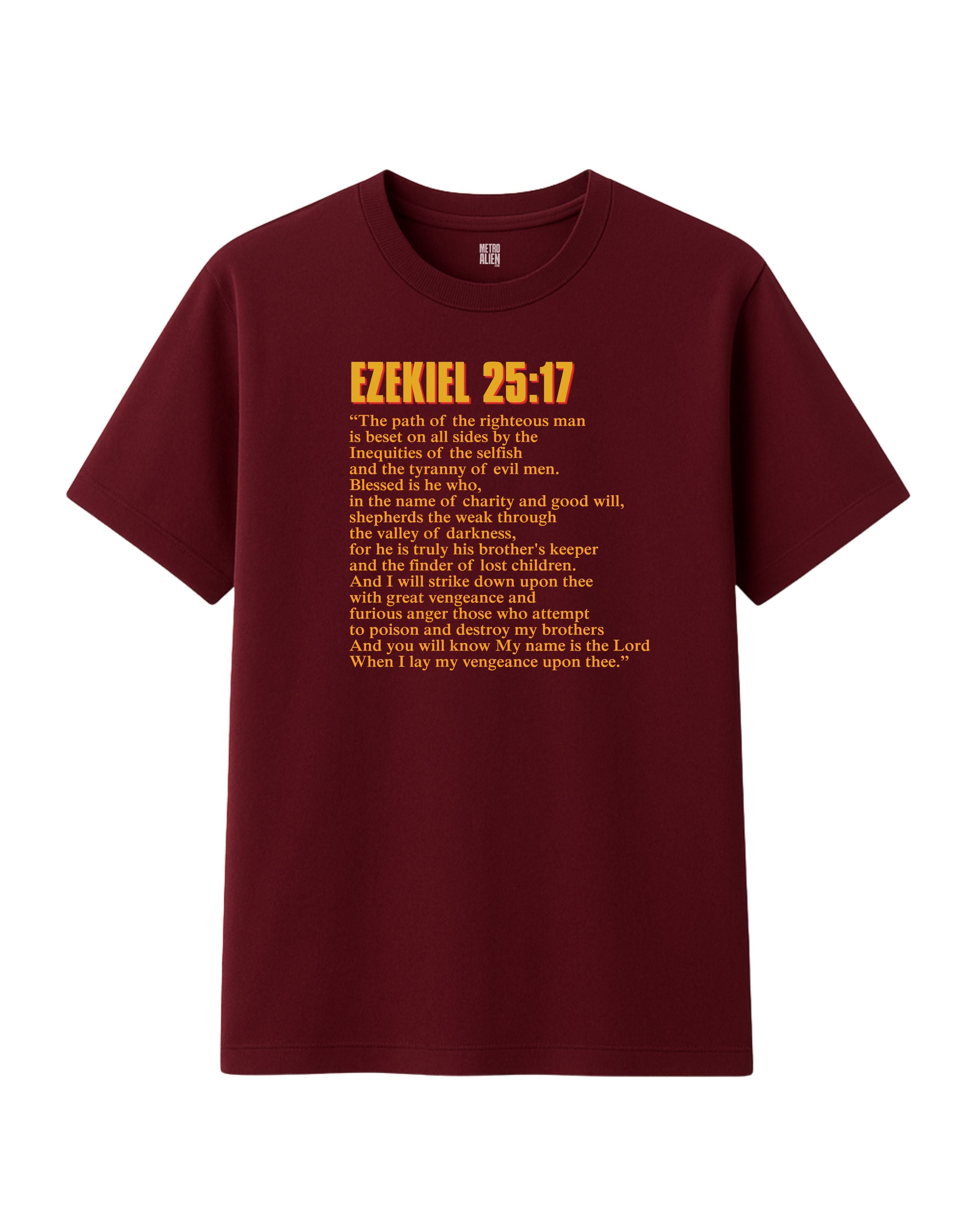 Maroon t-shirt with yellow text displaying Ezekiel 25:17 on a white background