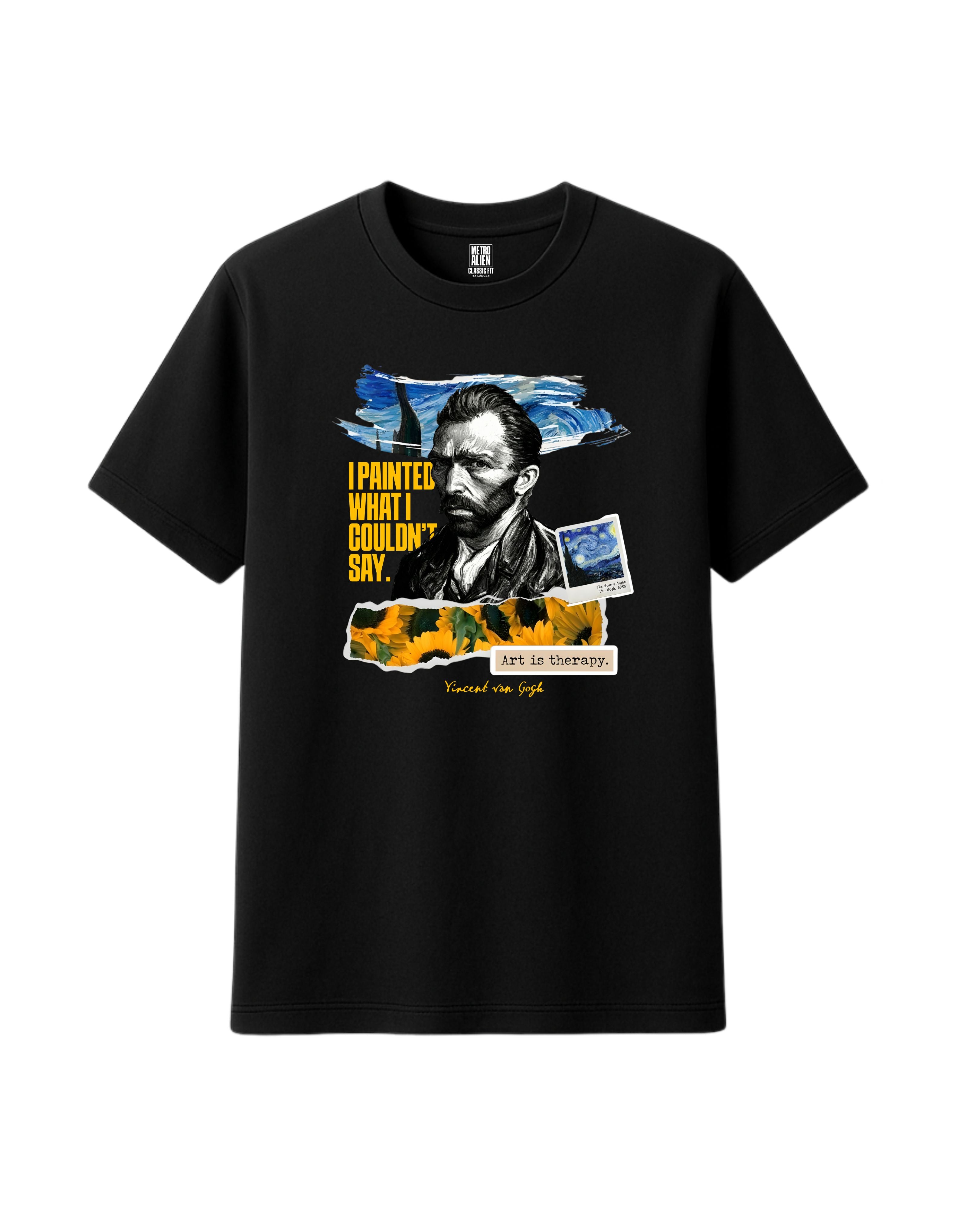 Black t-shirt with Van Gogh graphic and text with a quote