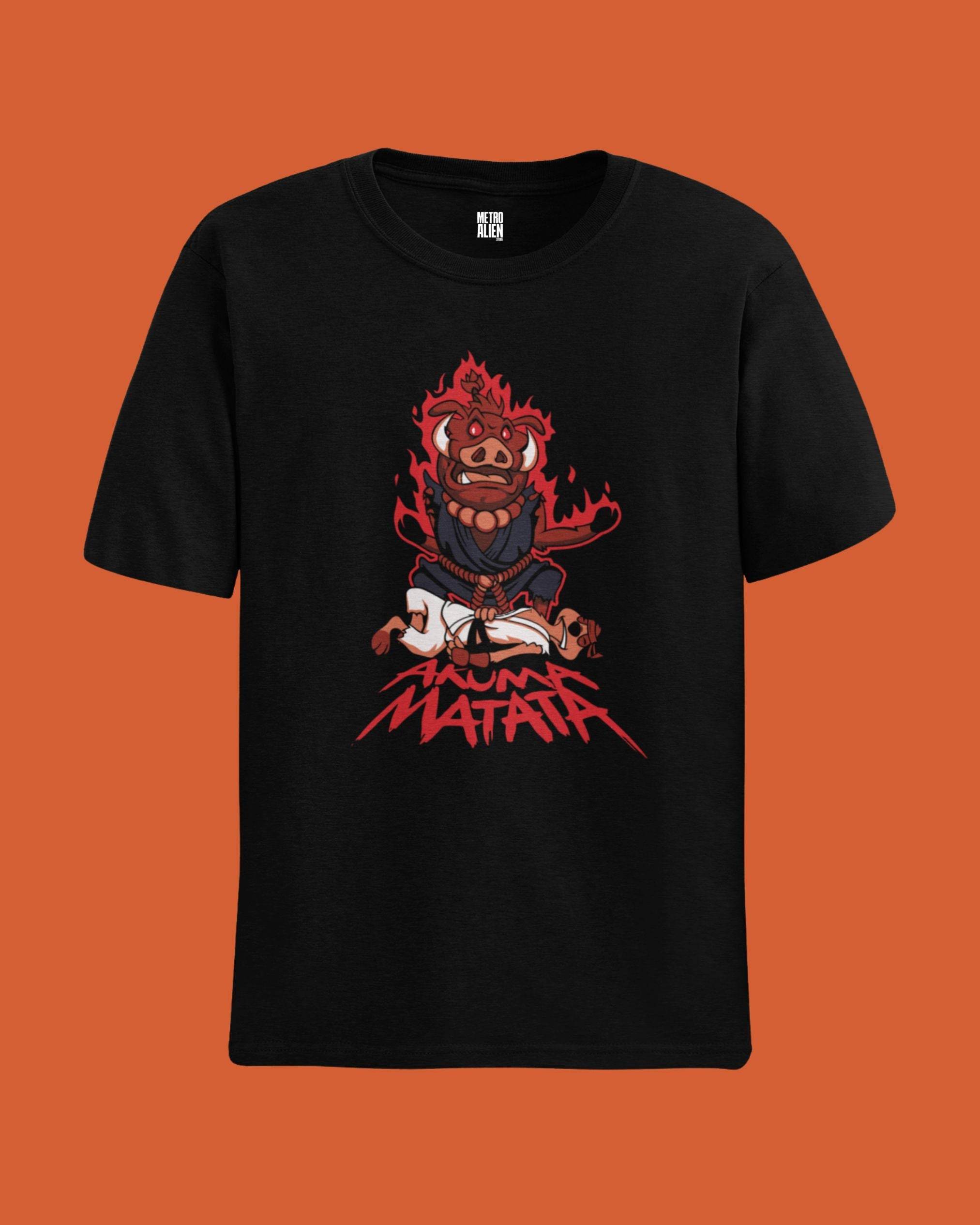 Black Akuma Matata graphic t-shirt by METRO ALIEN featuring a fiery cartoon character design