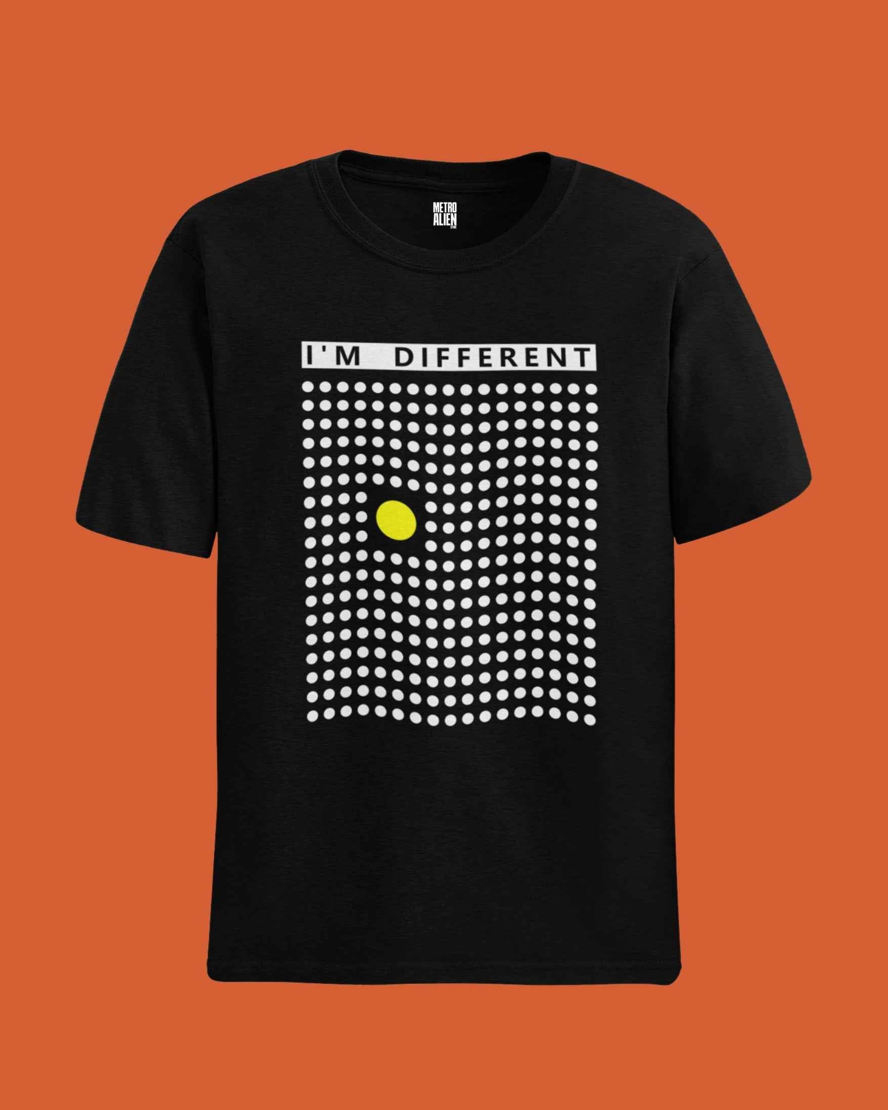 Black casual wear t shirt for men with I'm Different graphic and white dot pattern by METRO ALIEN