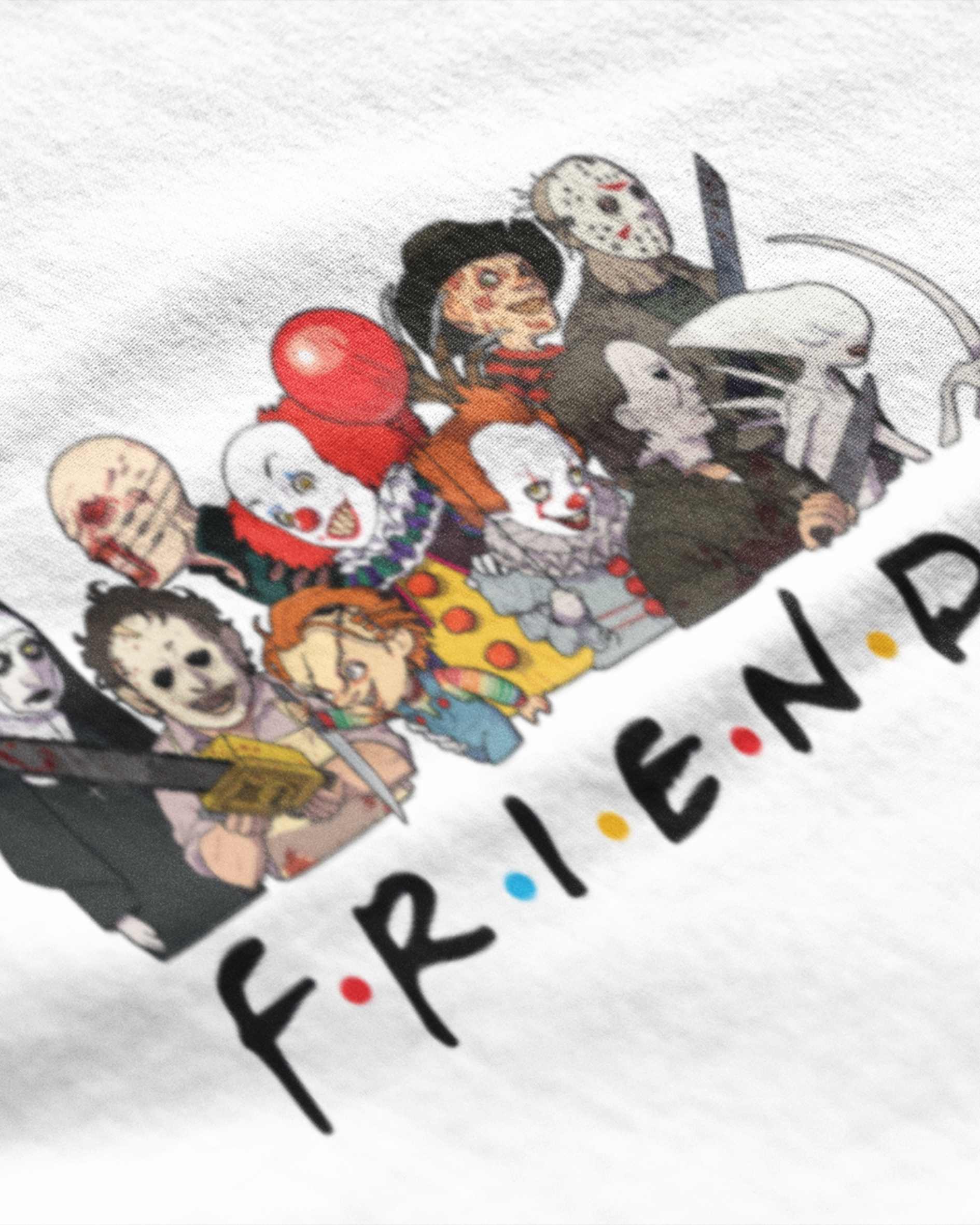 METRO ALIEN horror themed graphic tee featuring cartoon-style famous horror movie characters with FRIENDS inspired text
