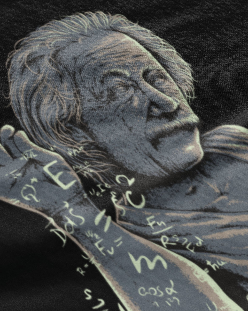 Close-up of METRO ALIEN Einstein graphic t-shirt featuring detailed illustration of Einstein with mathematical formulas