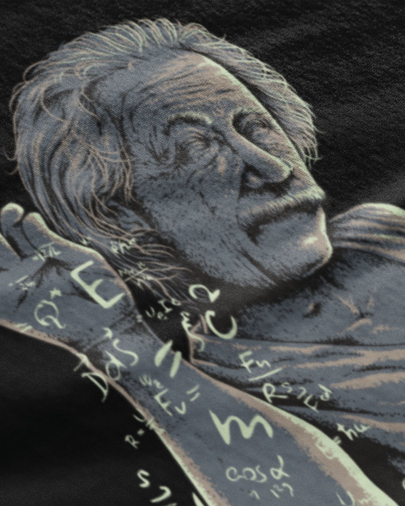 Close-up of METRO ALIEN Einstein graphic t-shirt featuring detailed illustration of Einstein with mathematical formulas