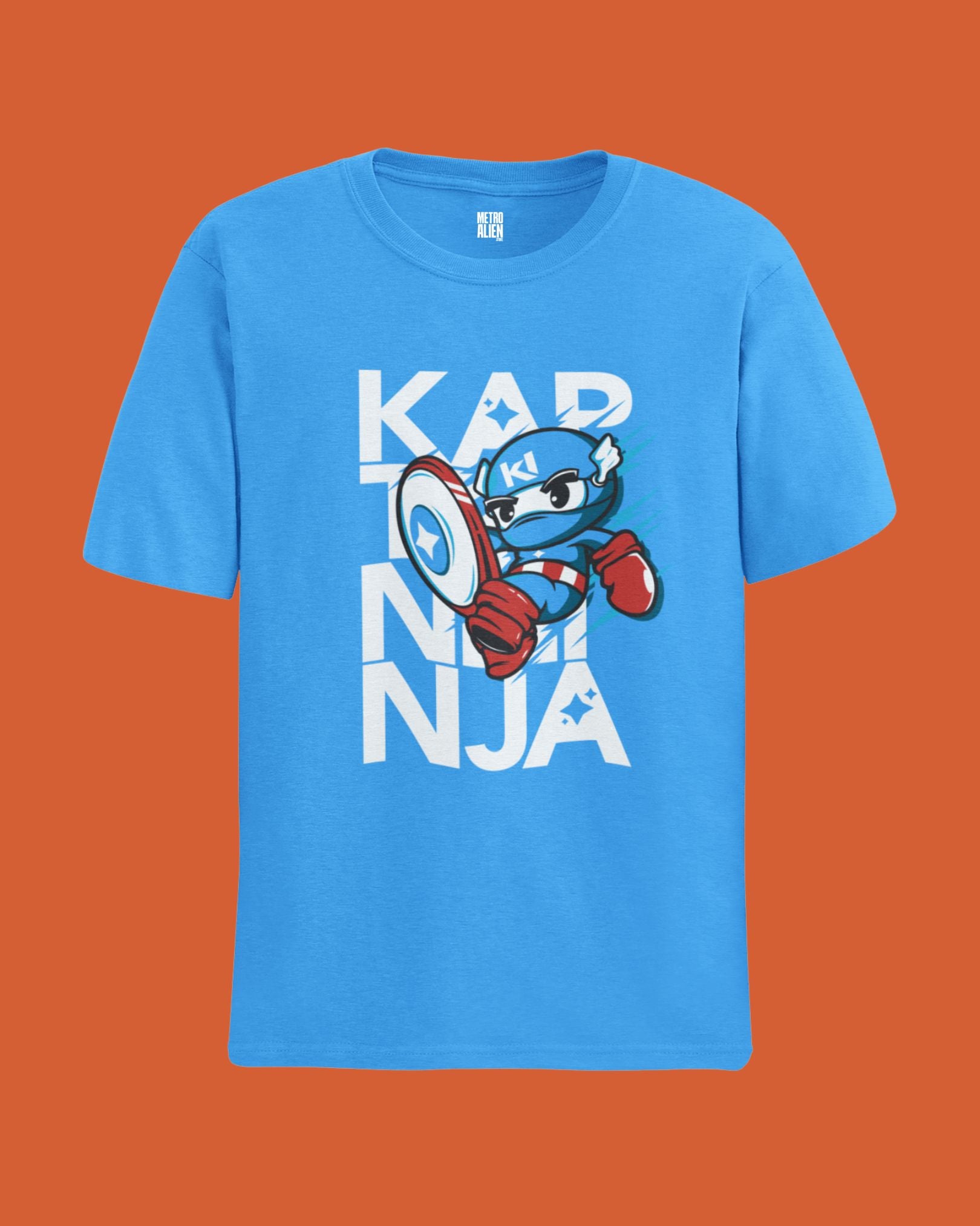 Blue Kaptan Ninja graphic t-shirt featuring a cartoon ninja character with shield and gloves