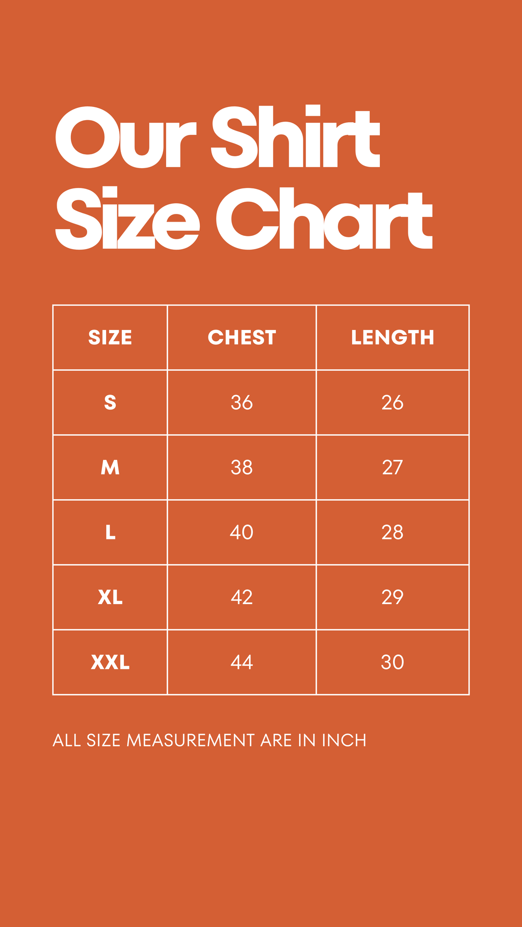 Size chart for Kaptan Ninja graphic t-shirt showing chest and length measurements in inches for sizes S to XXL
