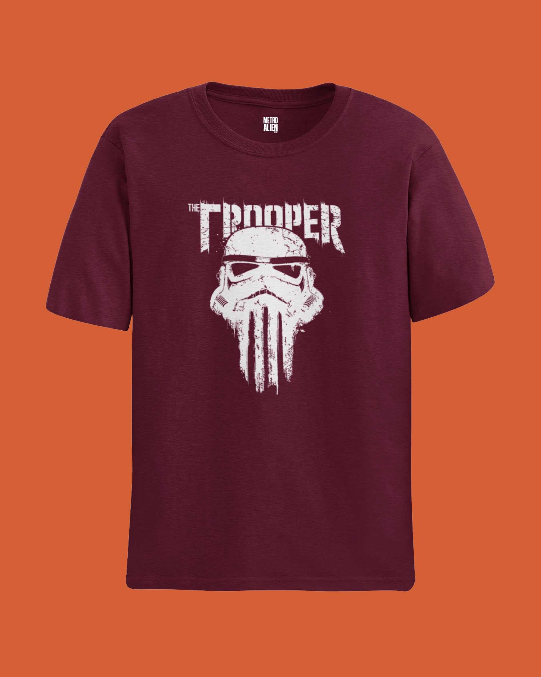 Maroon graphic t-shirt by METRO ALIEN featuring a white distressed Stormtrooper helmet design with The Trooper text