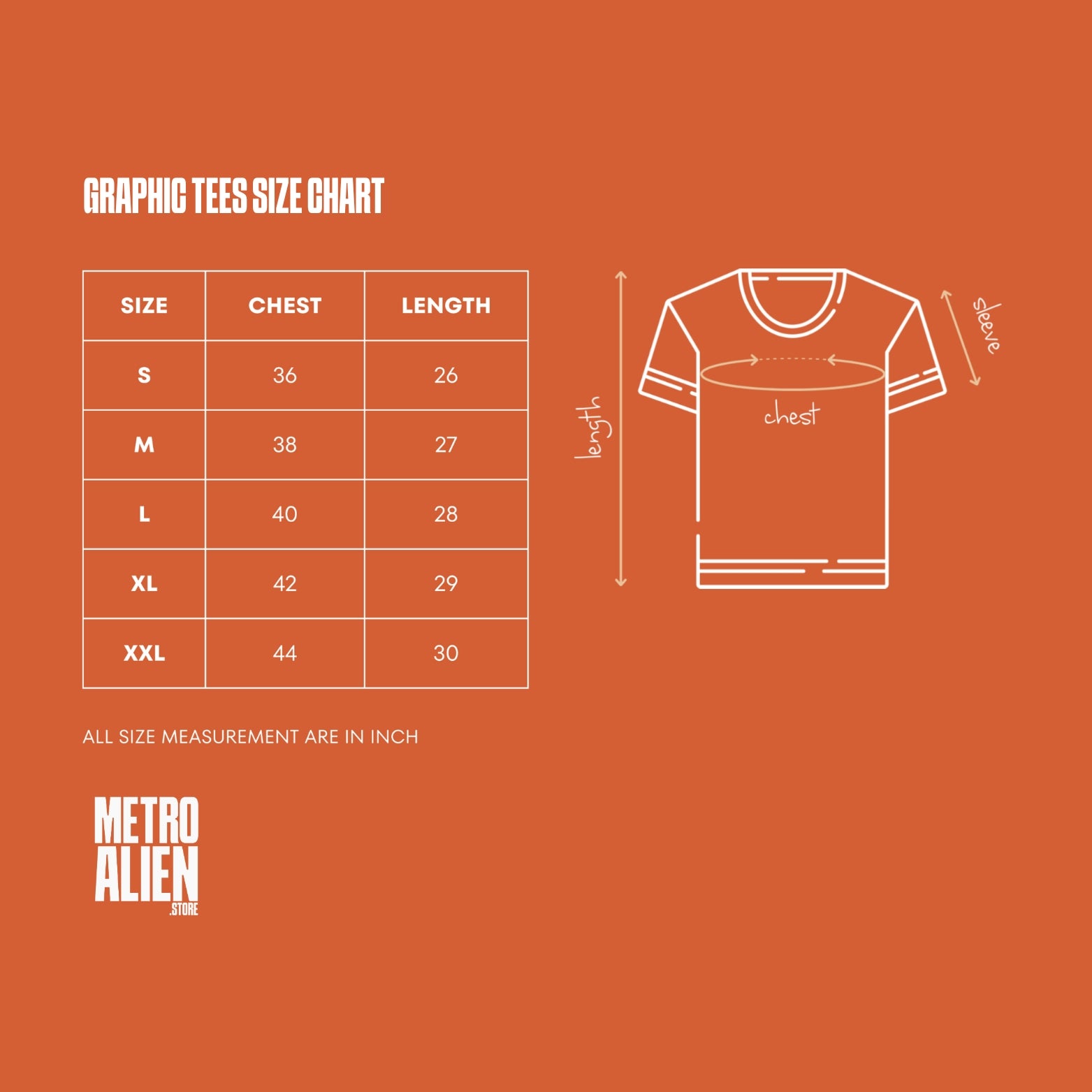 Size chart for Afro art graphic t-shirt by METRO ALIEN showing chest and length measurements in inches