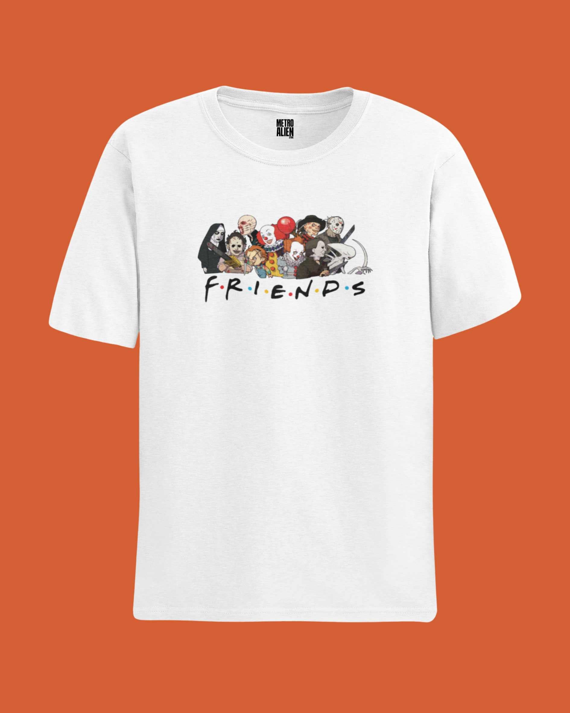 White horror themed graphic tee by METRO ALIEN featuring iconic horror characters and Friends style text