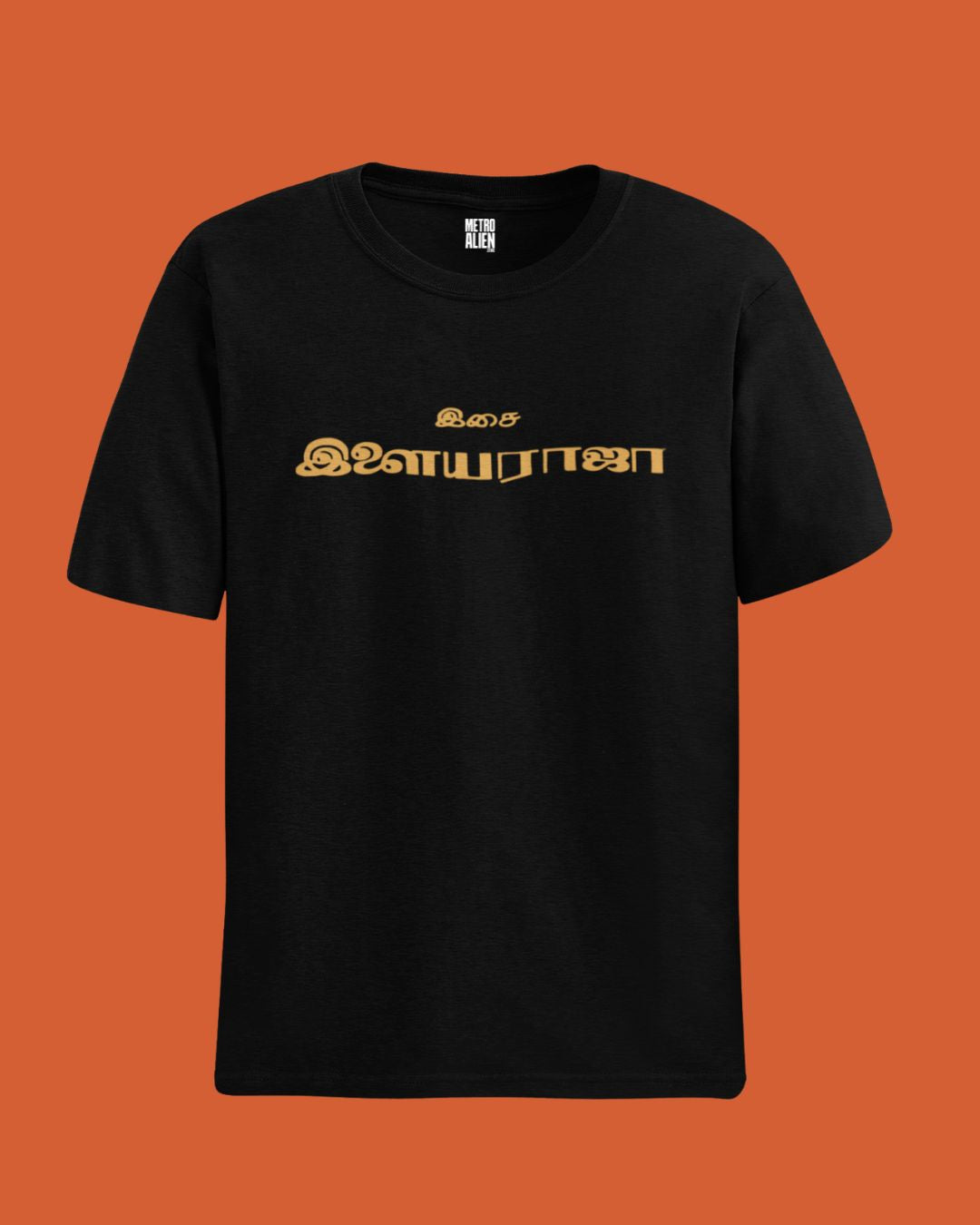 Black Ilaiyaraaja graphic t-shirt with gold Tamil text design by METRO ALIEN