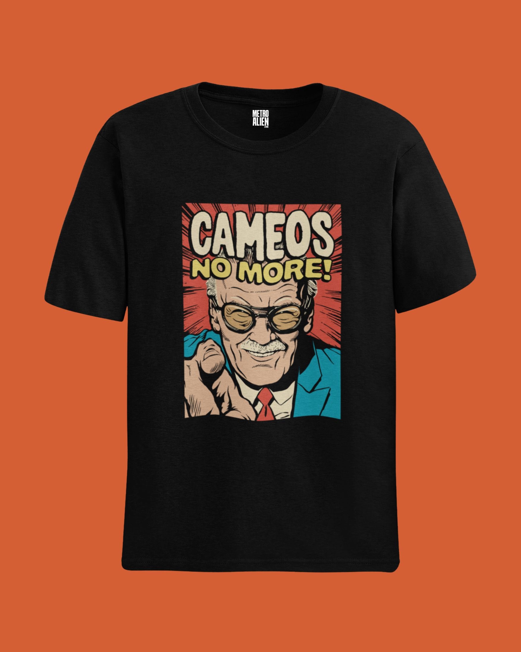 Black graphic tee from METRO ALIEN with colorful comic style print and text Cameos No More premium graphic tees India