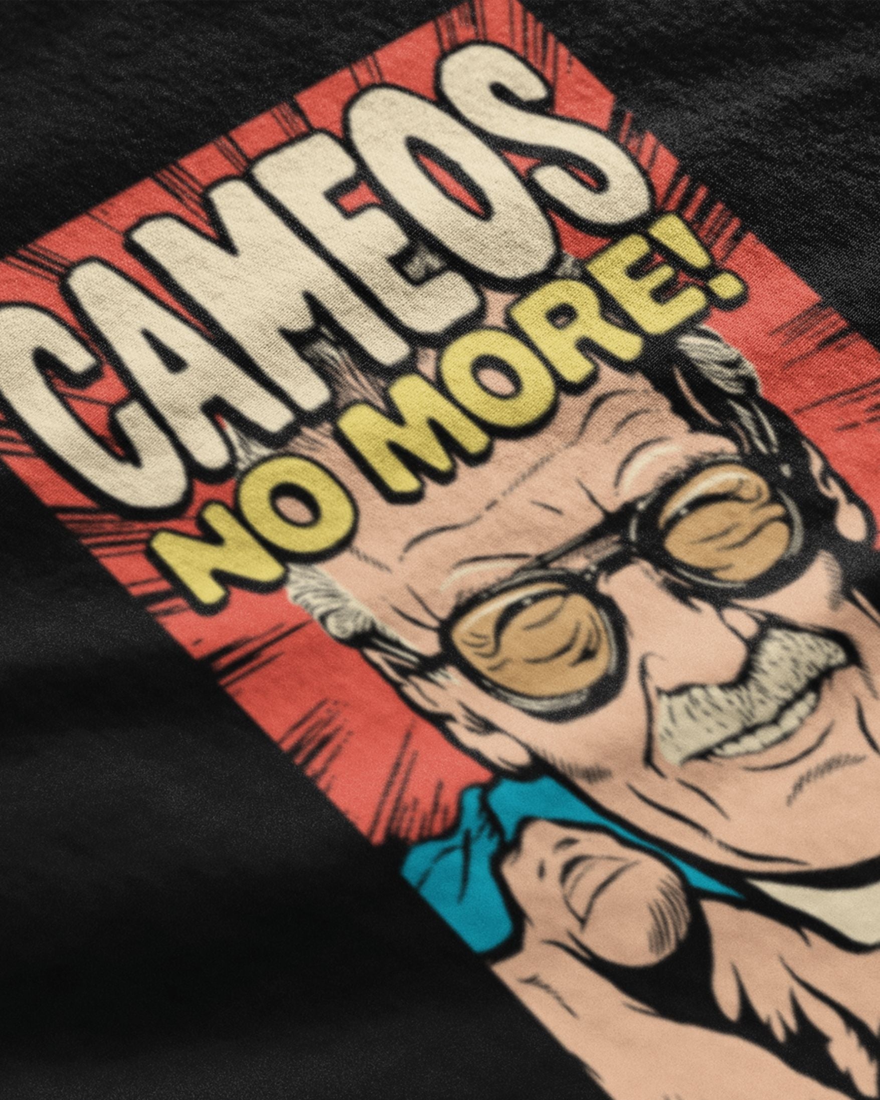 Black graphic tee featuring a colorful cartoon print with text Cameos No More from premium graphic tees India