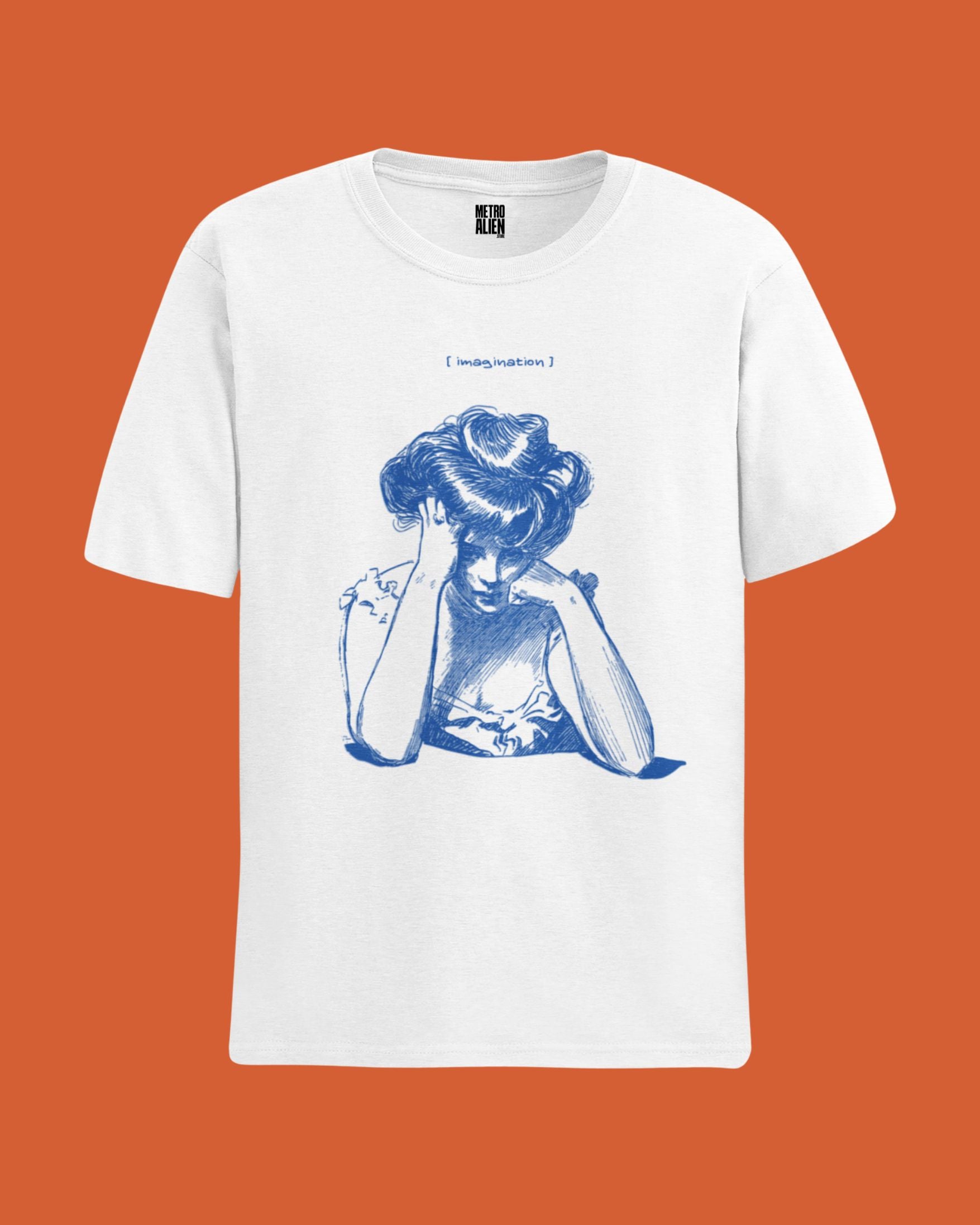 METRO ALIEN white premium quality graphic tee with blue artistic illustration of a woman in thoughtful pose