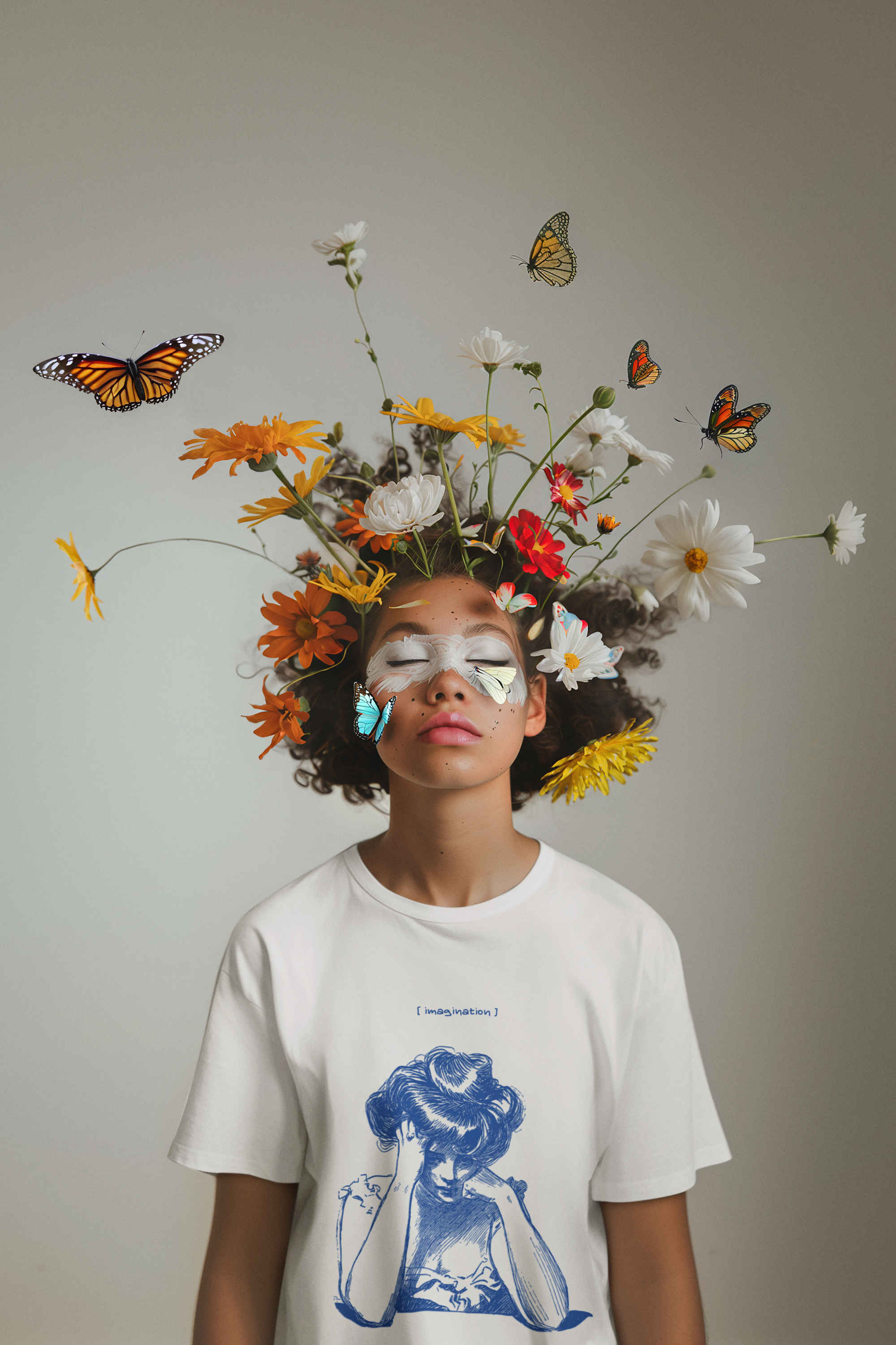 Woman wearing a premium quality graphic tee by METRO ALIEN with artistic blue print and floral butterfly headpiece