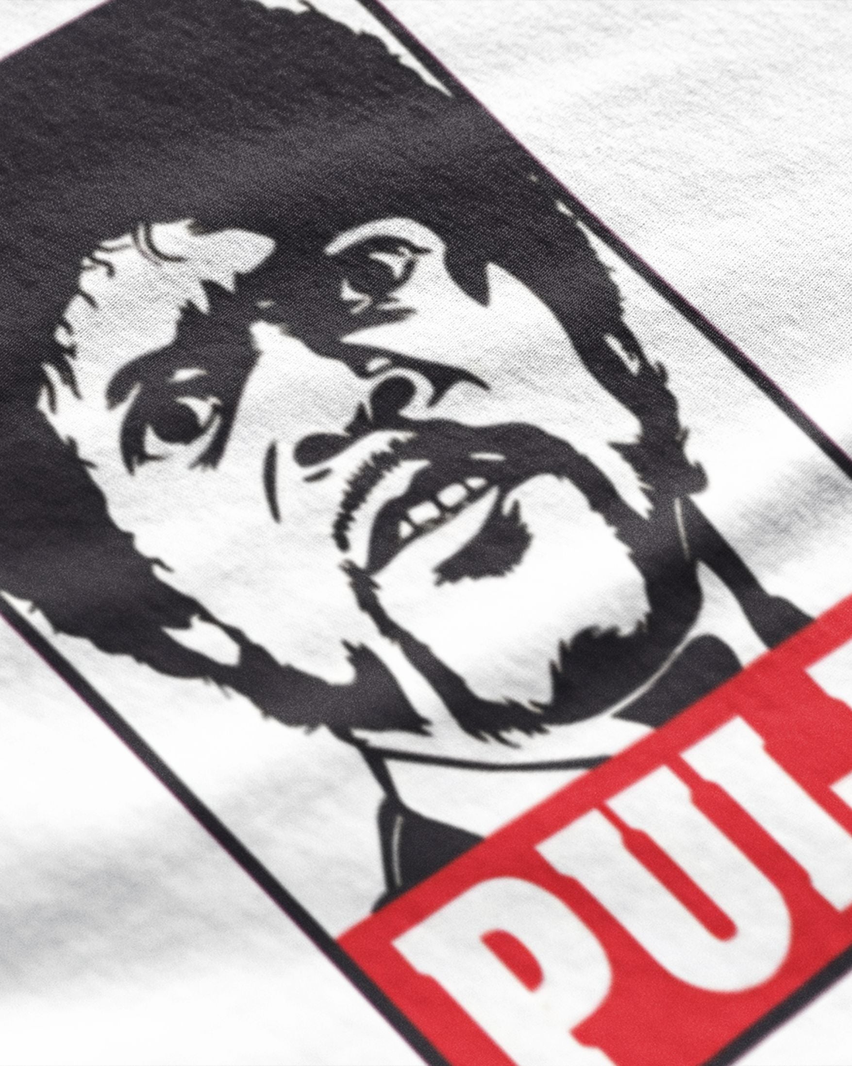 Close-up of METRO ALIEN pulp fiction inspired t shirt featuring black and white graphic of character face