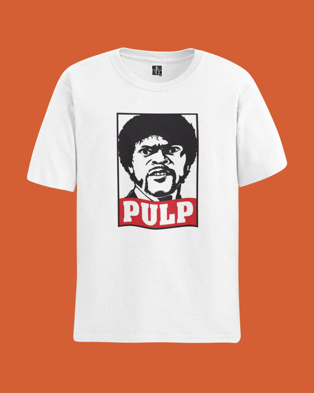 White METRO ALIEN pulp fiction inspired t shirt with black and red graphic of iconic character