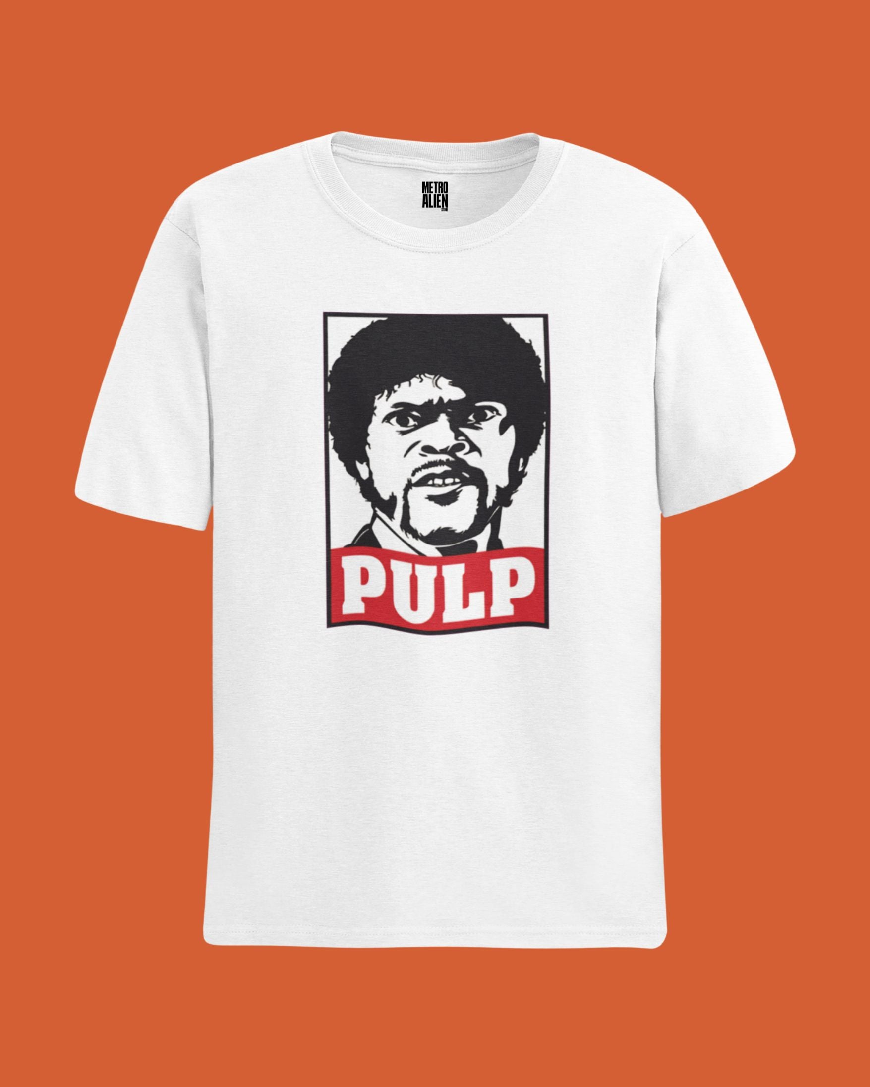 White METRO ALIEN pulp fiction inspired t shirt with black and red graphic of iconic character