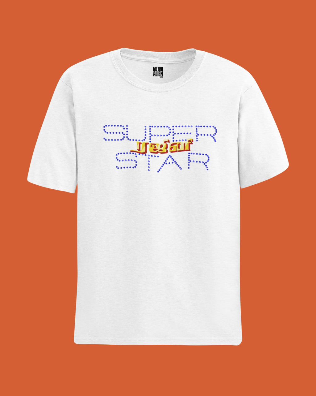 Rajinikanth streetwear tee India white cotton crewneck with blue dotted SUPER STAR graphic by METRO ALIEN