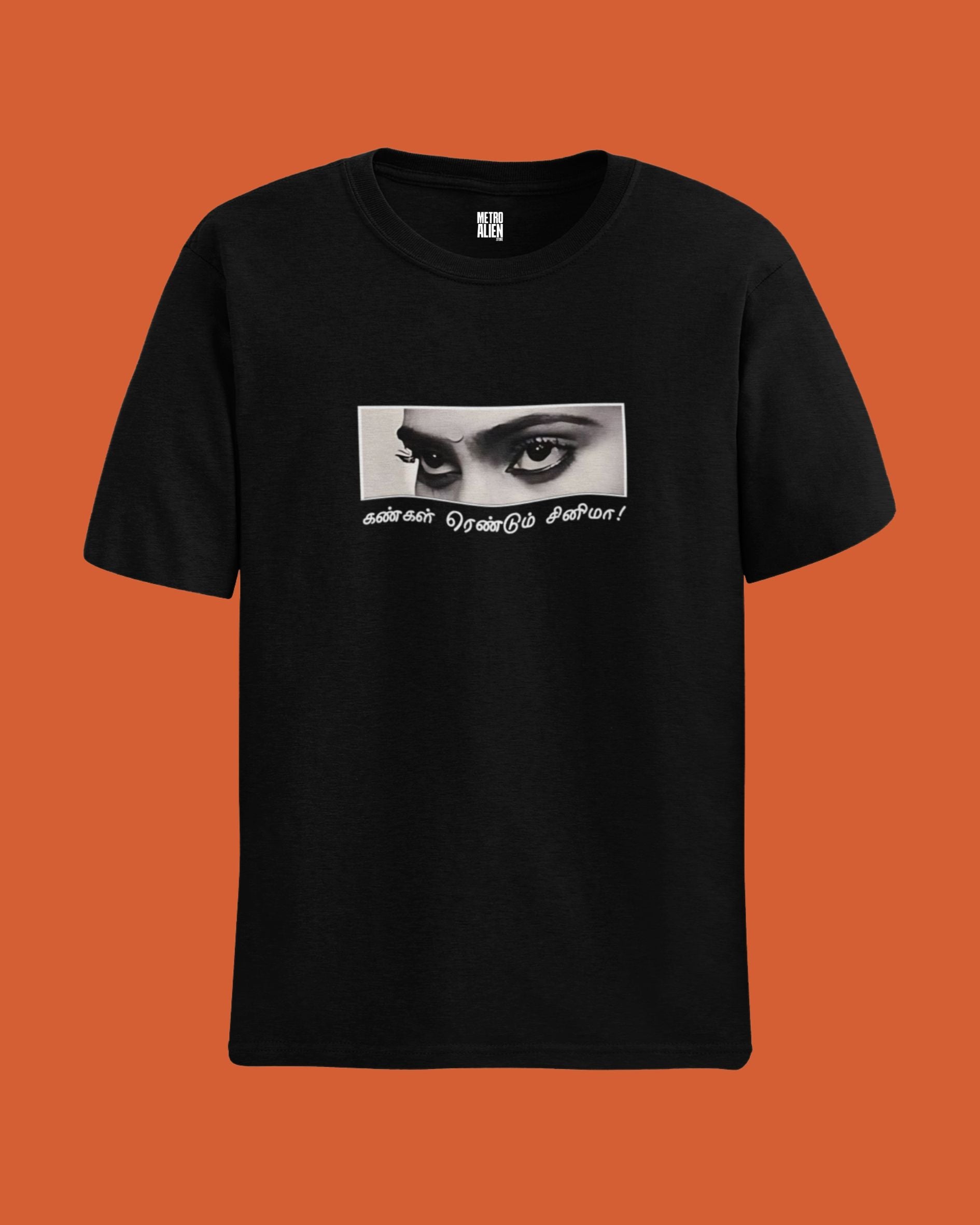 Black tamil cinema graphic t-shirt featuring a close-up of eyes and Tamil text printed on front