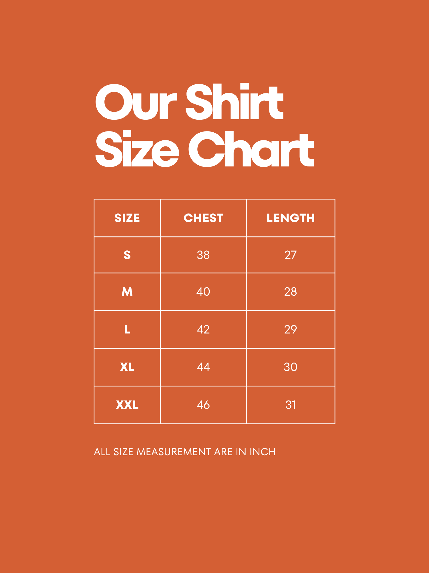 Size chart for tamil cinema graphic t-shirt showing chest and length measurements in inches