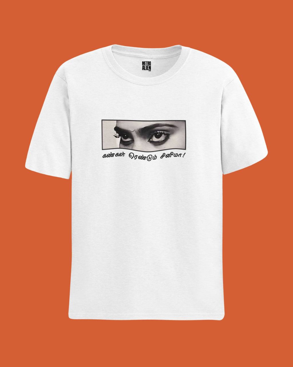 White tamil cinema graphic t-shirt by METRO ALIEN with black and white close-up eye design and Tamil text