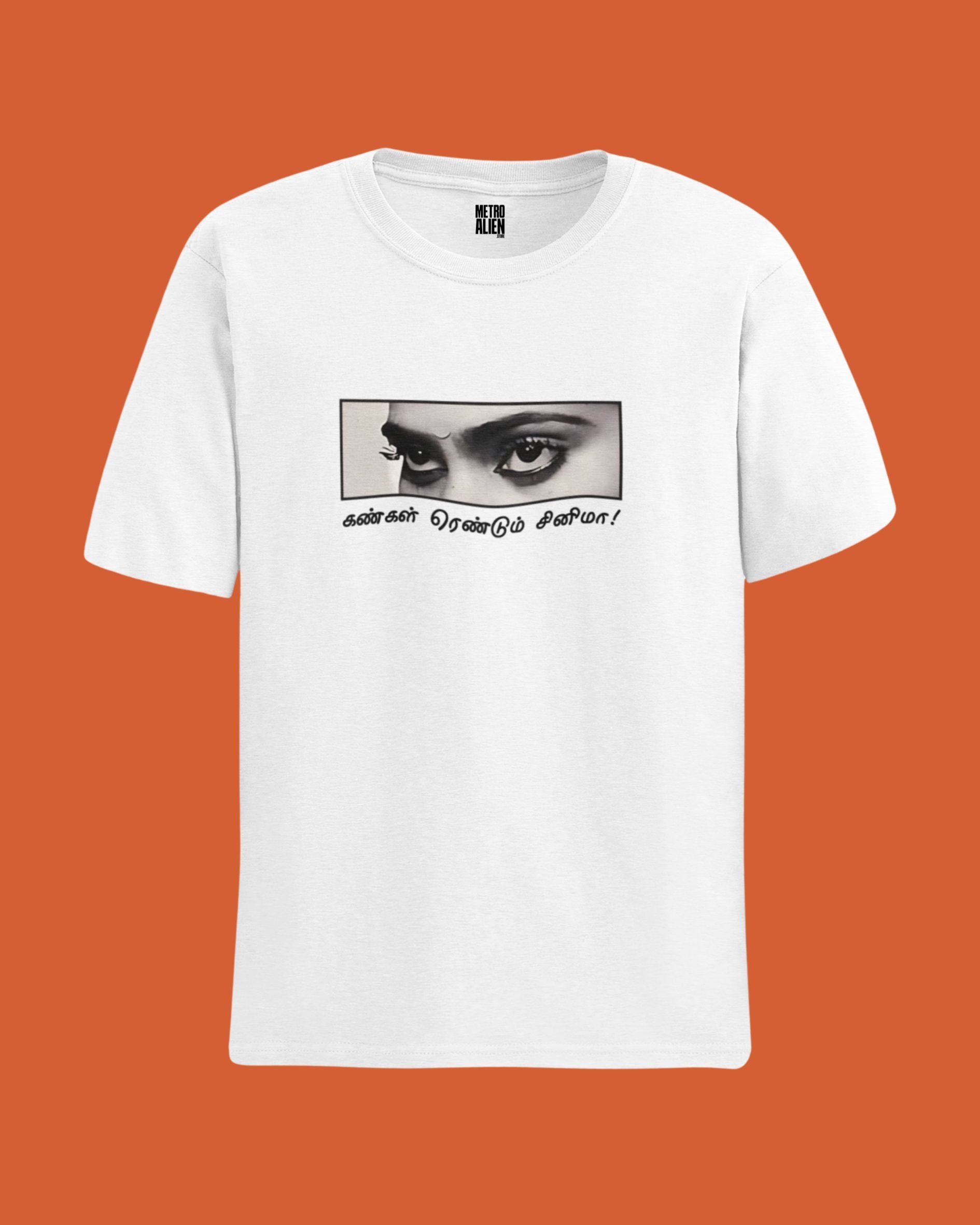 White tamil cinema graphic t-shirt by METRO ALIEN with black and white close-up eye design and Tamil text