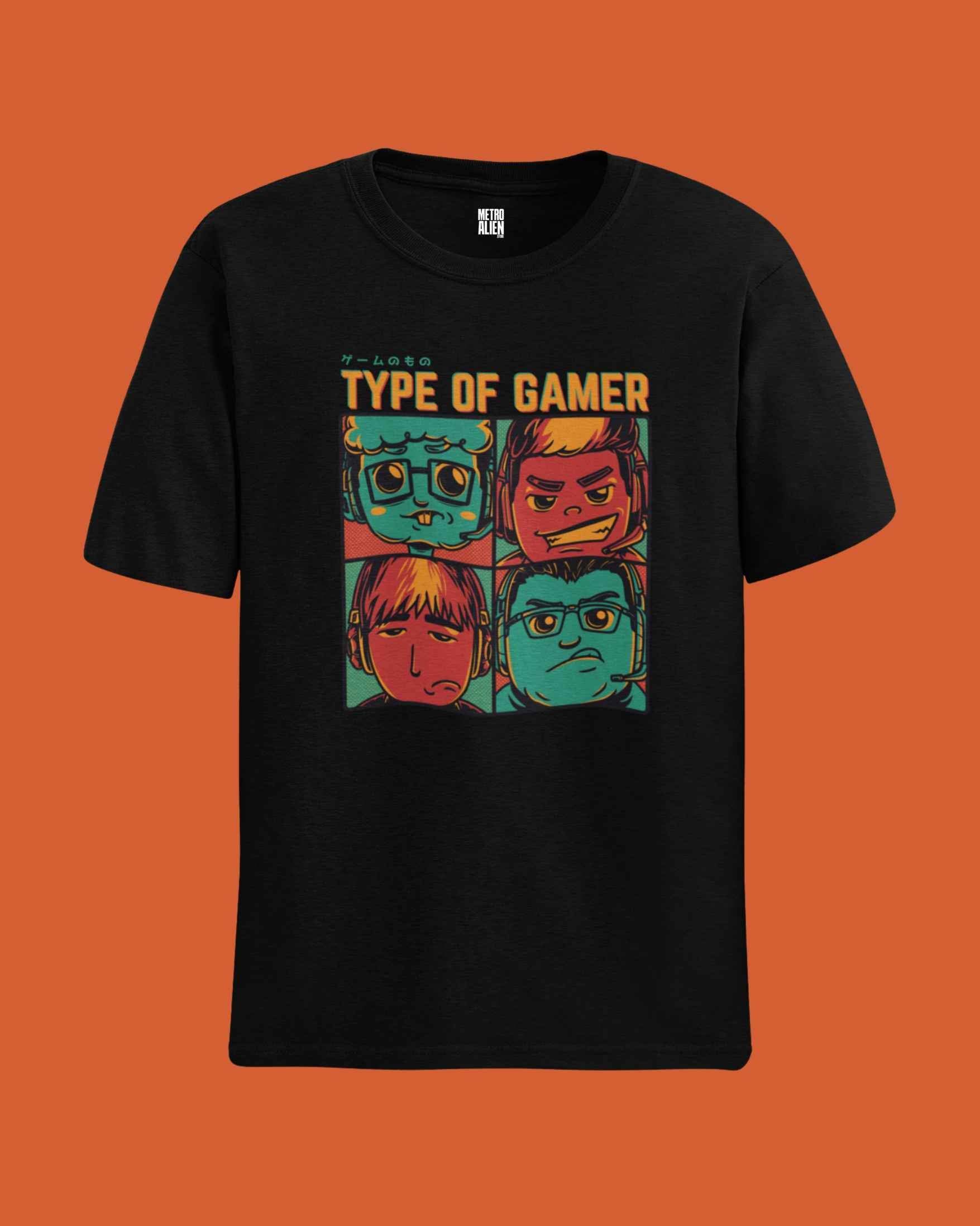 Black METRO ALIEN type of gamer t-shirt with colorful cartoon gamer faces graphic design