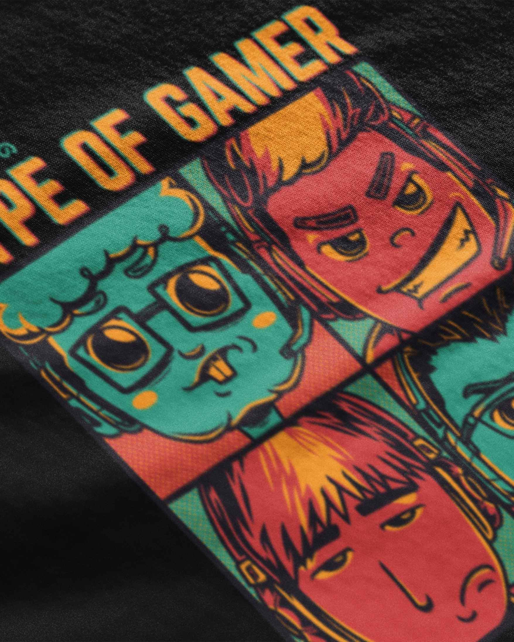Metro Alien black type of gamer t-shirt with colorful cartoon faces graphic design